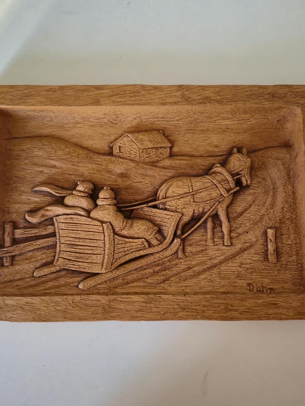 Vintage Hand-Carved Wooden Sleigh & Horse Winter Wall Art Plaque - Signed Dulin